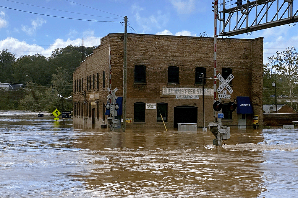 The RiverLink office surrounded by the flood waters of the French Broad River.